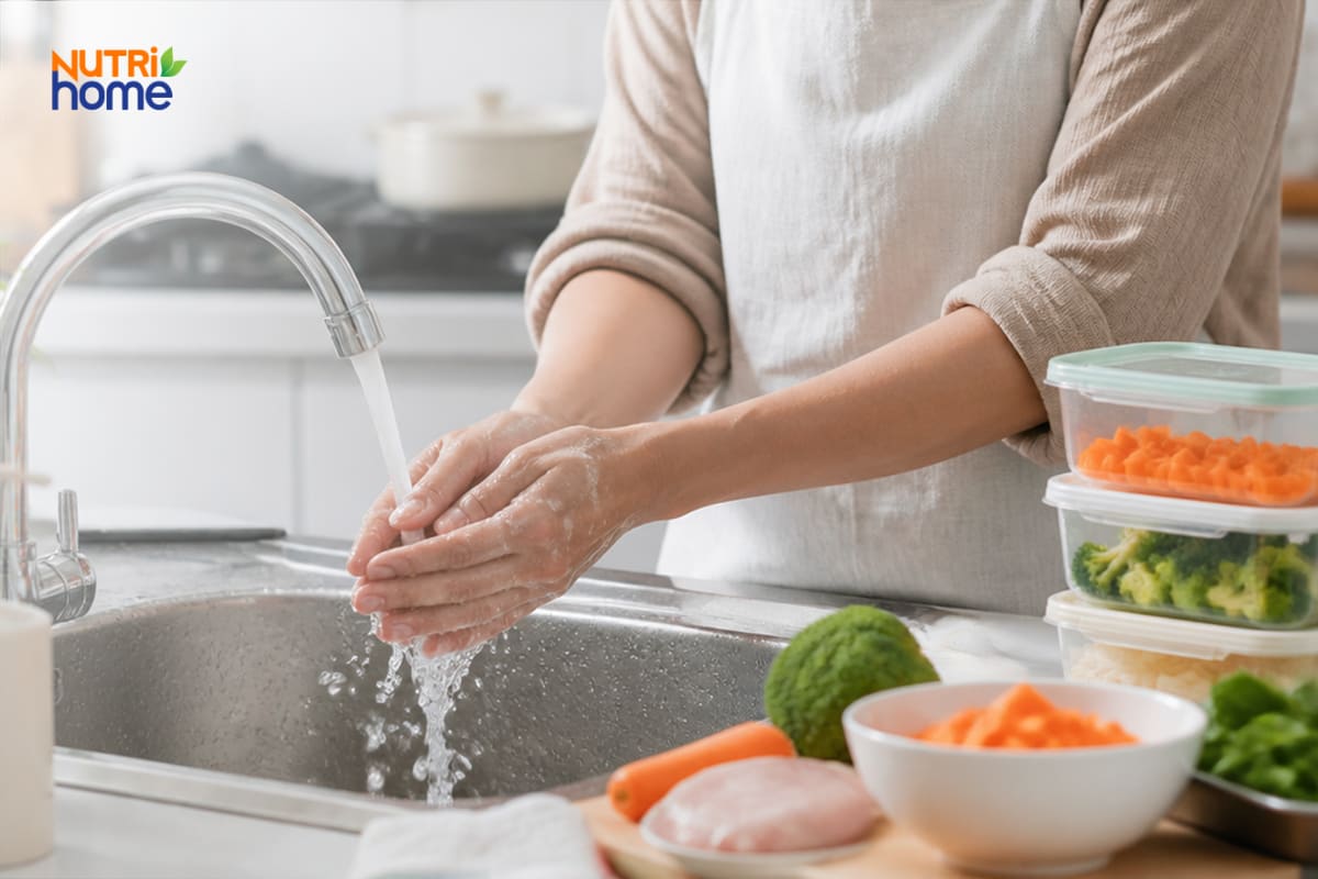 Rửa tay sạch trước khi chế biến thực phẩm để phòng nhiễm khuẩn