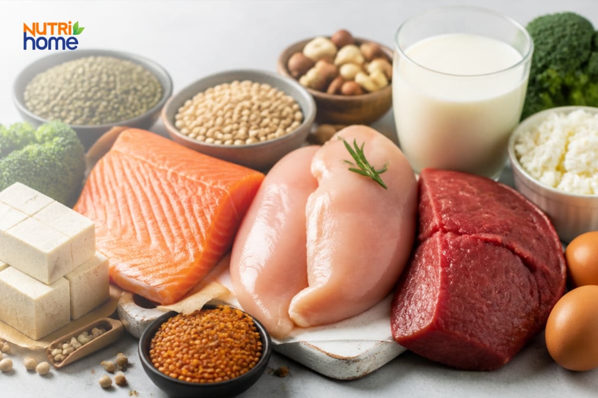 Thực phẩm giàu protein như cá hồi, thịt, trứng, sữa và đậu