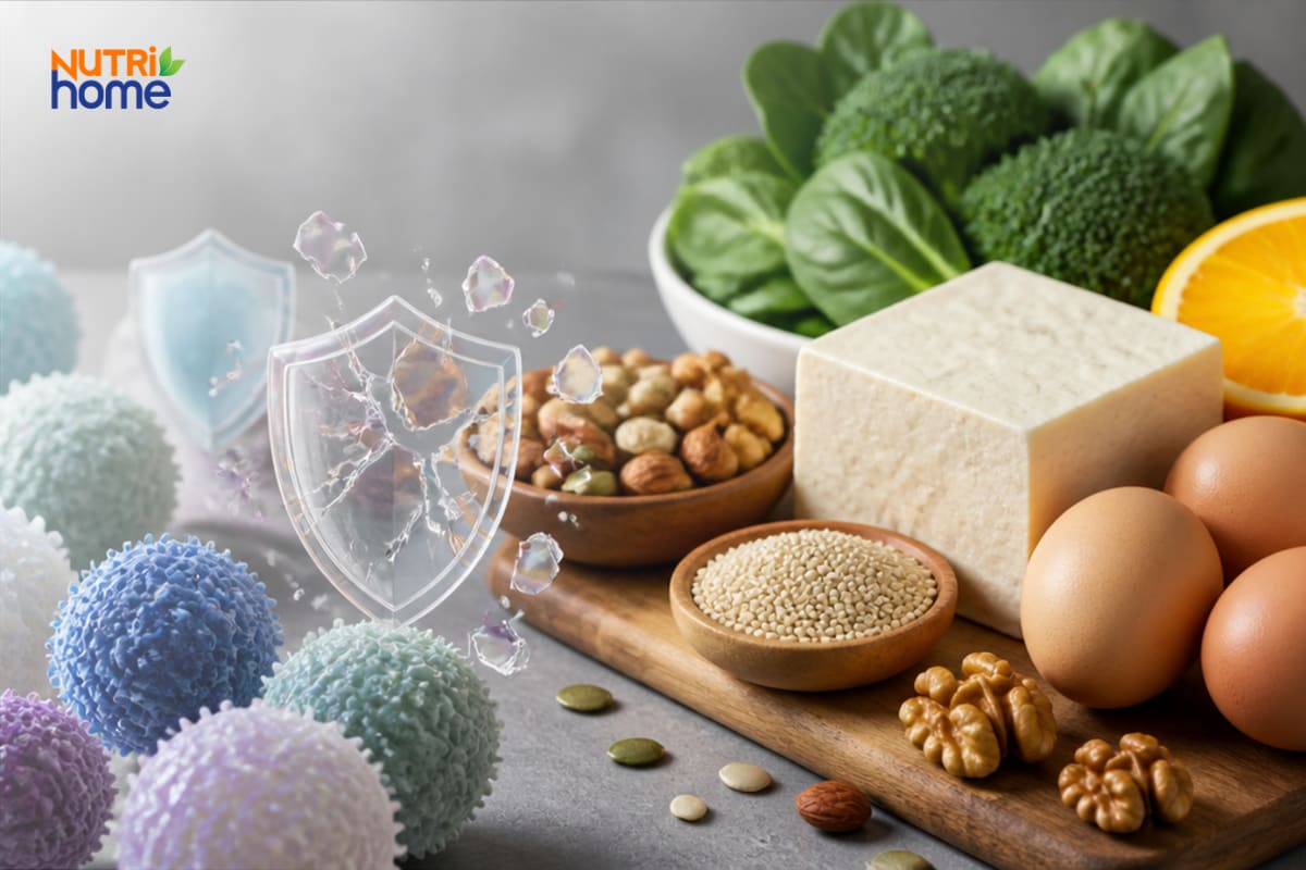 Thực phẩm giàu đạm, rau xanh và hạt giúp tăng cường miễn dịch