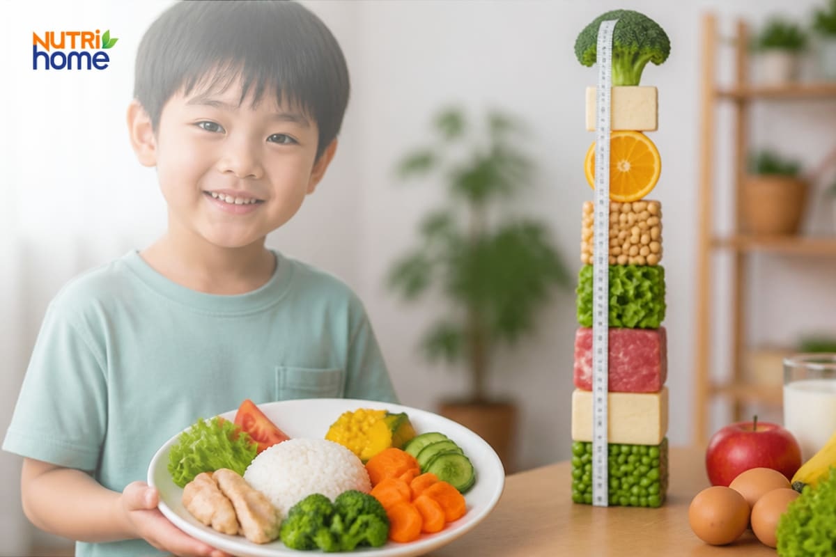 Bé cầm đĩa thức ăn cân đối, đa dạng giúp phát triển tối ưu