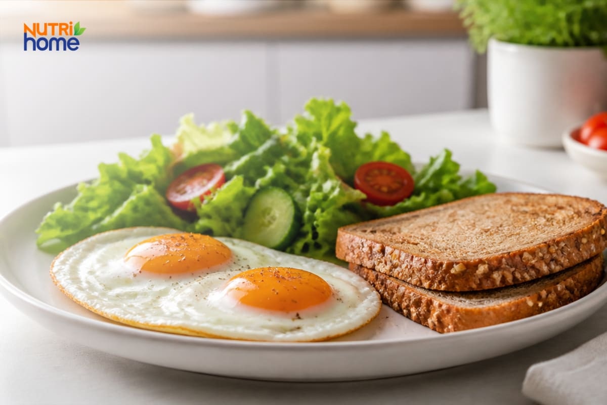 Bữa ăn với trứng ốp la, bánh mì nguyên cám và rau xanh.