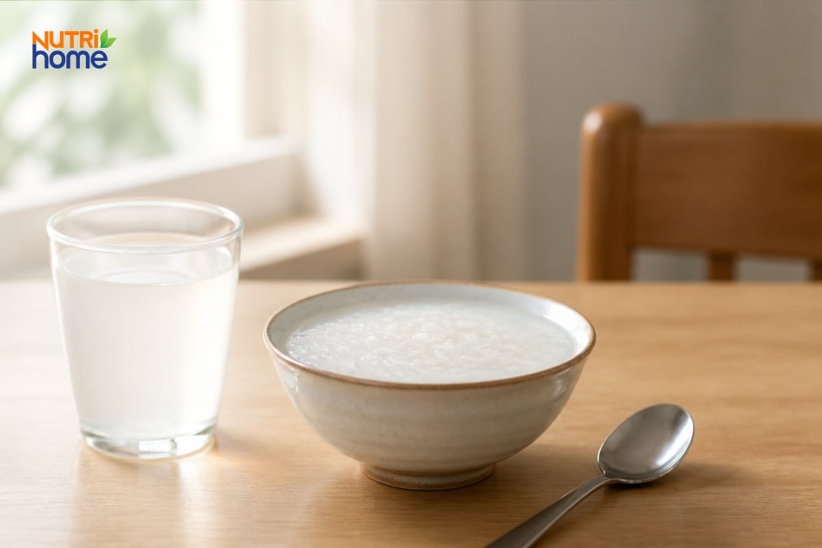 Bát Cháo Loãng Cùng Ly Nước Trong Giúp Bù Nước Sau Tiêu Chảy