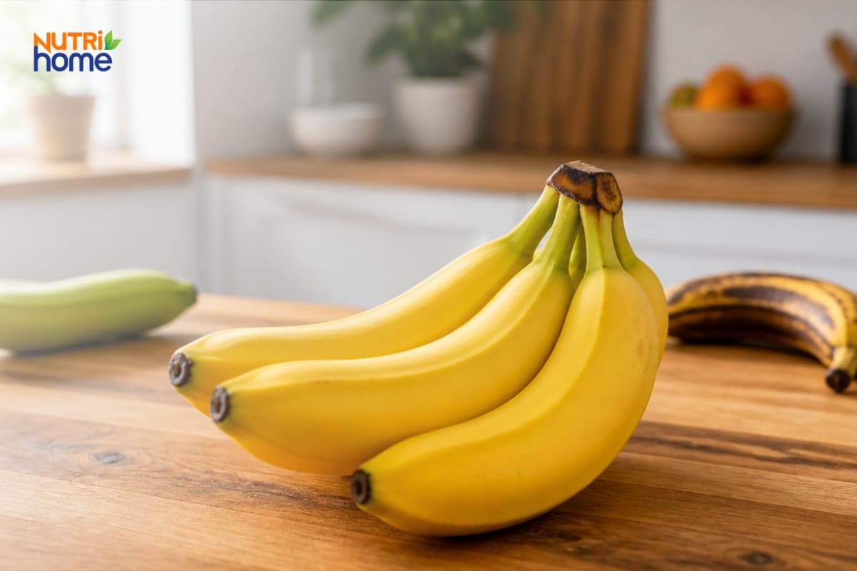 Nải chuối chín vàng đều dễ tiêu hóa, bên cạnh chuối xanh và chuối nhiều đốm đen cần hạn chế