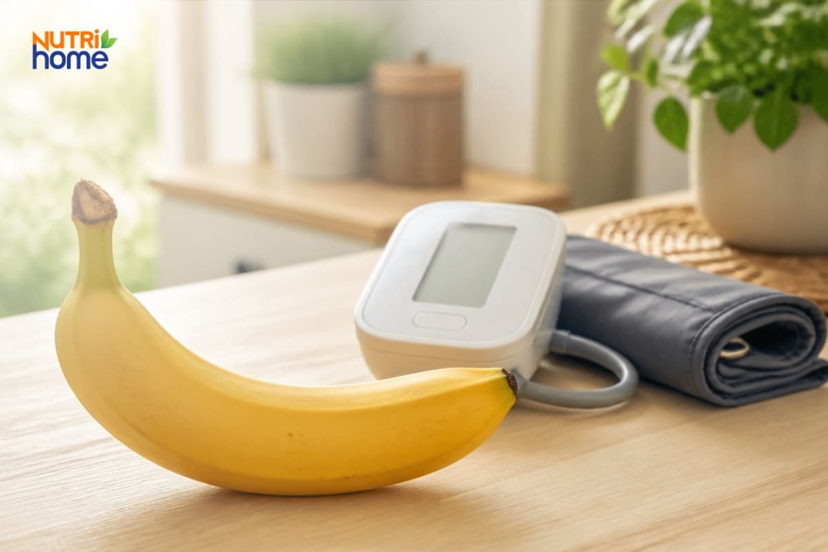 Quả chuối chín bên máy đo huyết áp trên bàn gỗ