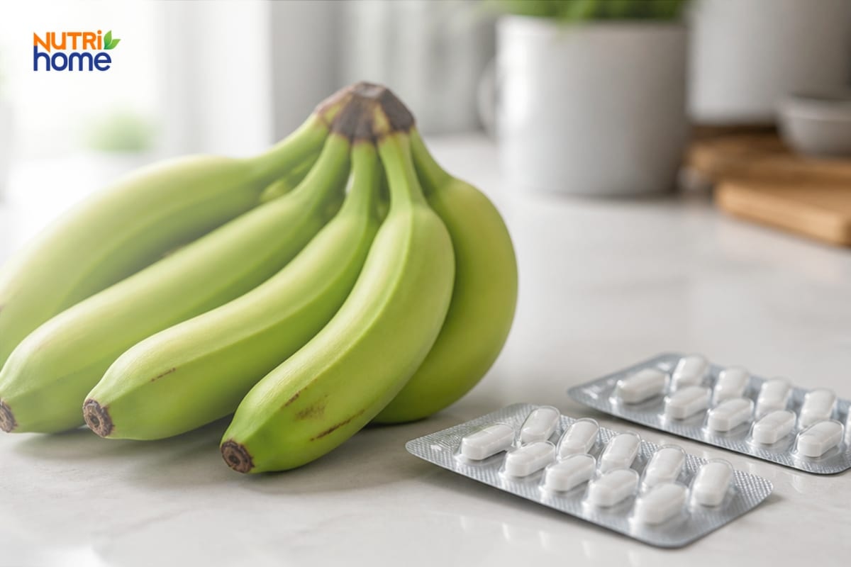 Nải chuối xanh đặt cạnh hai vỉ thuốc viên trắng trên mặt bàn bếp