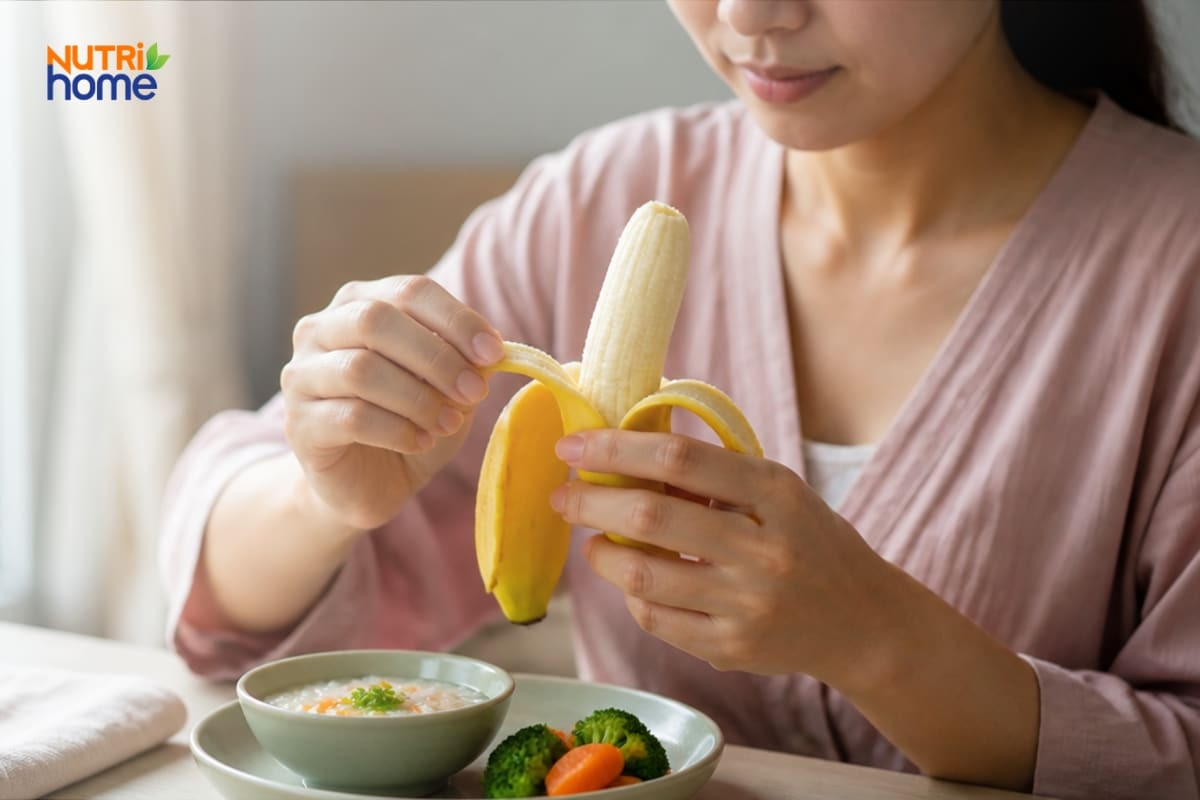 Mẹ sau sinh mổ ăn một lượng nhỏ chuối chín cùng bữa cháo và rau củ mềm