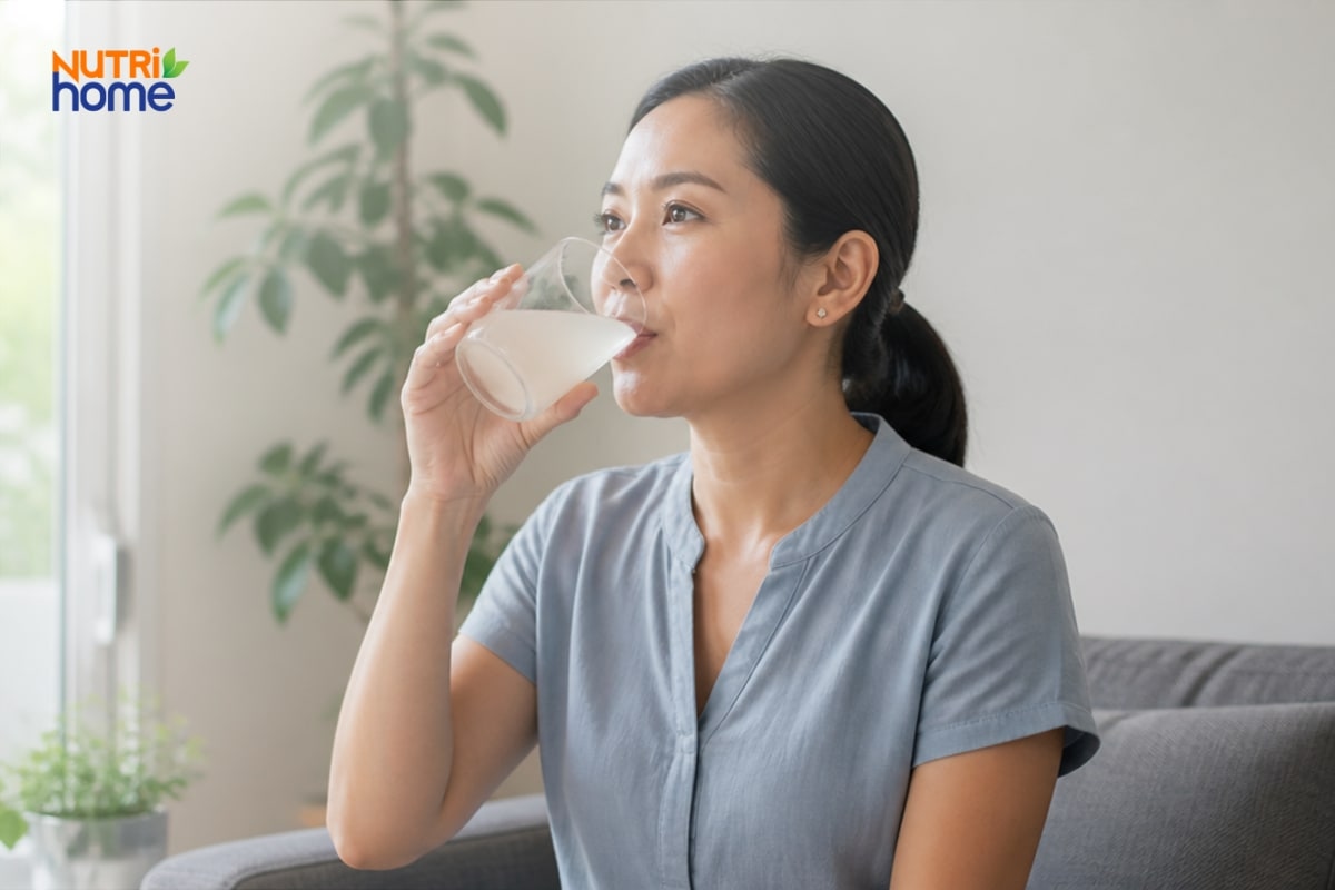 Người phụ nữ uống nước bù điện giải sau đợt tiêu chảy cấp