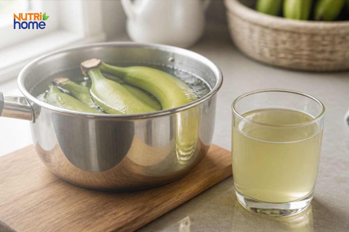 Nồi chuối xanh luộc và ly nước luộc chuối xanh chứa tinh bột kháng