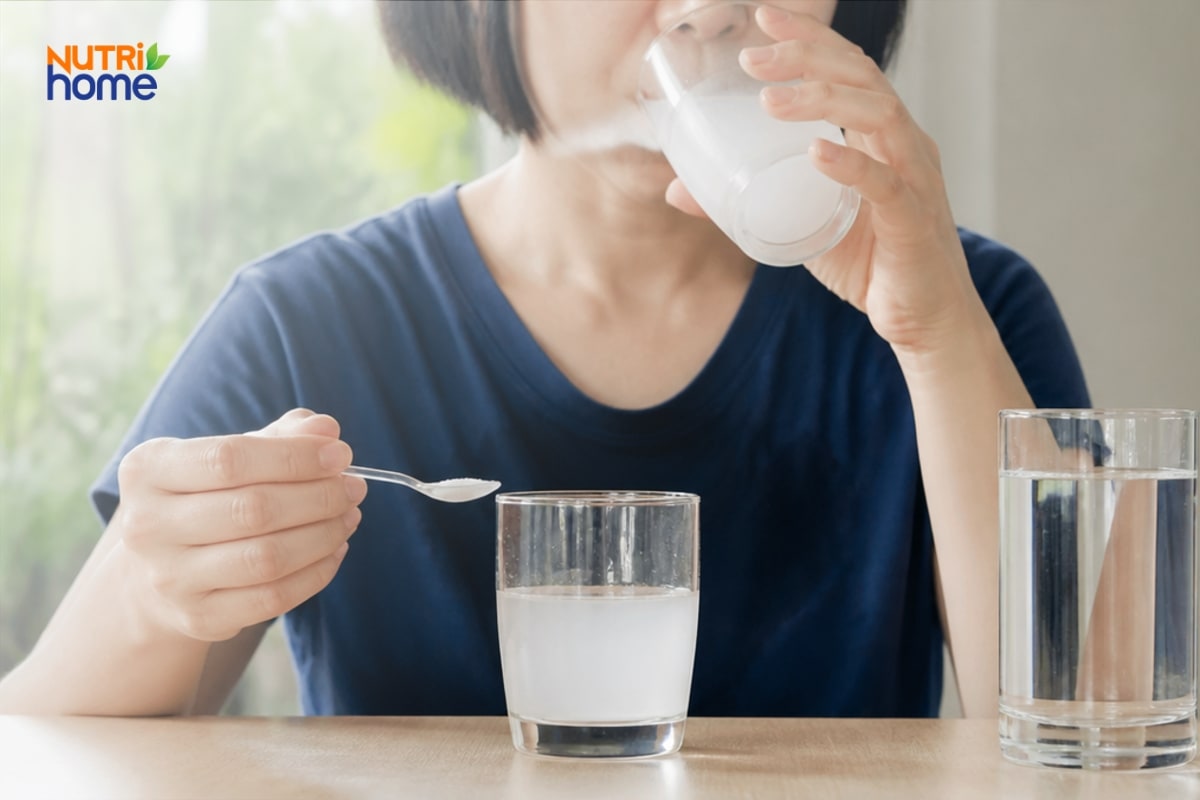 Người bệnh pha oresol bù nước điện giải và uống từng ngụm nhỏ