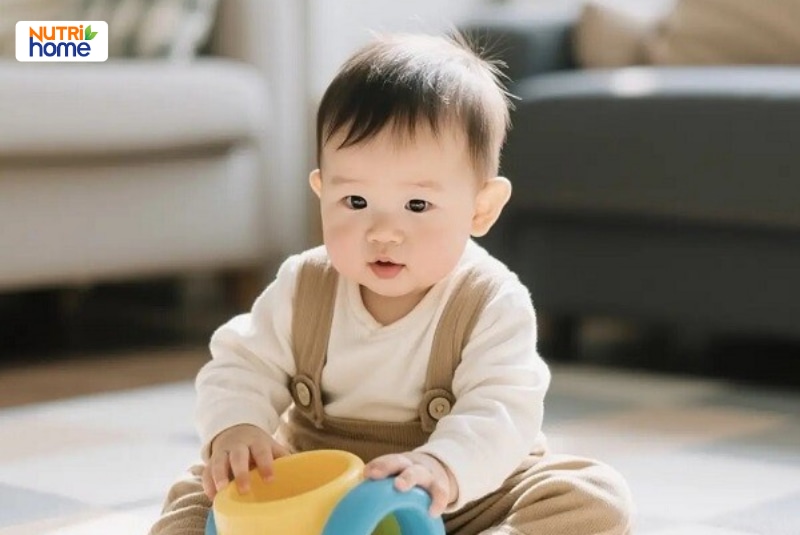 Trẻ nhỏ ngồi chơi đồ chơi trong không gian gia đình.