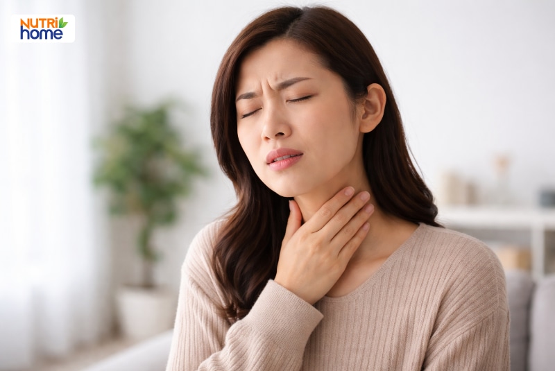 Người phụ nữ đưa tay ôm cổ họng vì đau rát, sưng vùng cổ